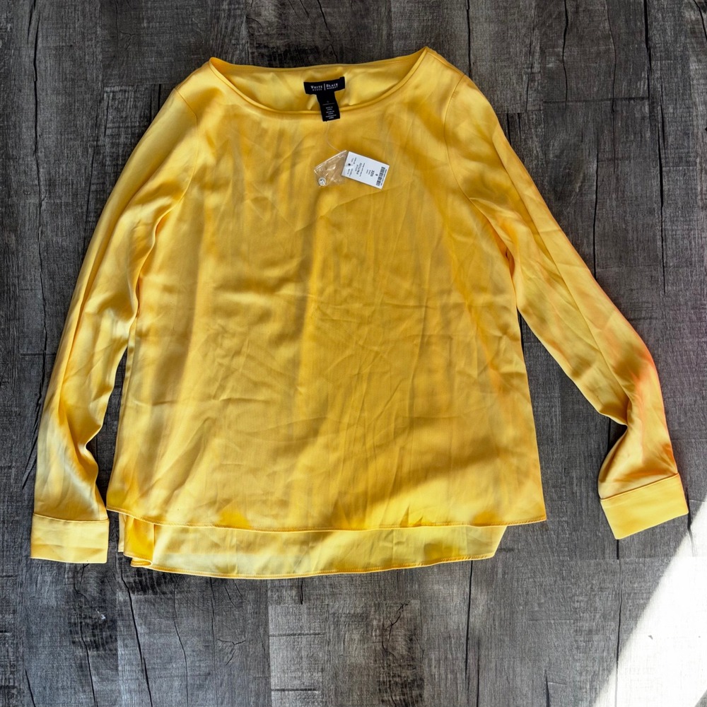 NWT White House Black Market Yellow Long Sleeve Layered Hem Satin Blouse Size 0